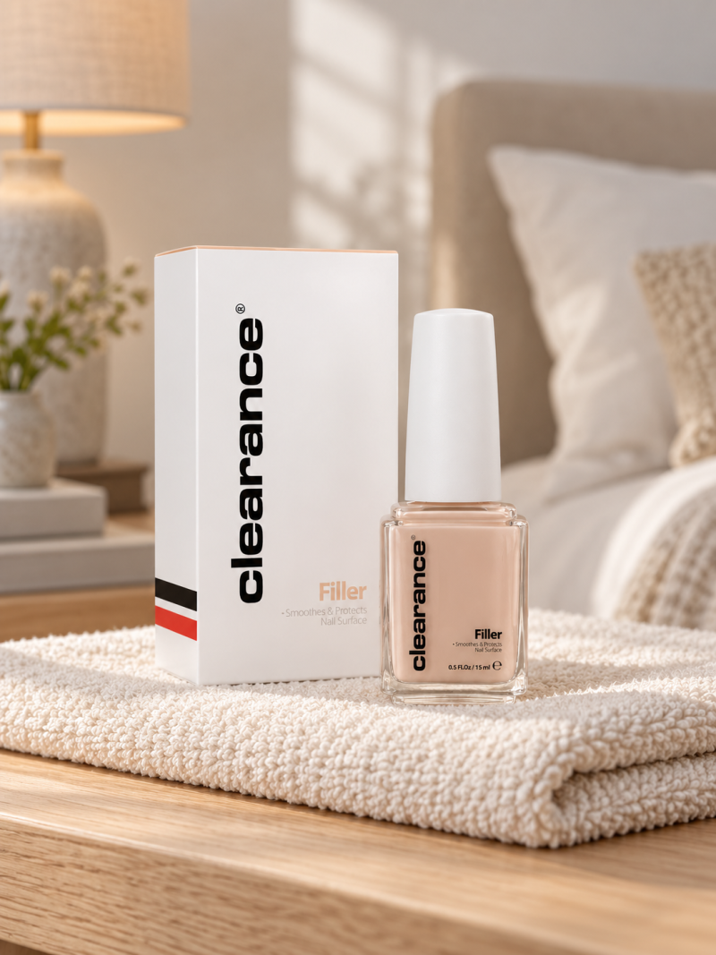 Clearance Filler 15 ml – išlyginamasis nagų lakas ir pakuotė namų aplinkoje