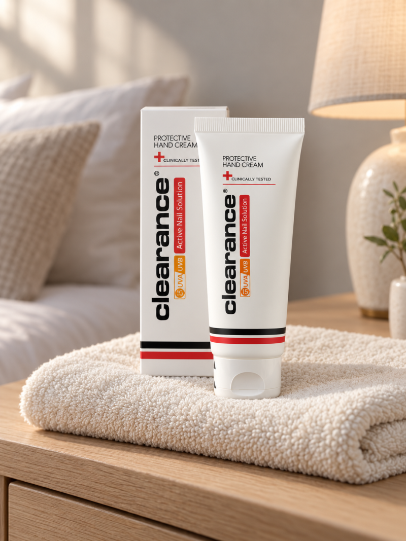 Clearance Protective Hand Cream – rankų kremas ir pakuotė namų aplinkoje