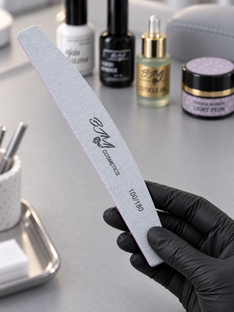 BJM Cosmetics dildė M 100/180 grit, laikoma rankoje su juoda pirštine