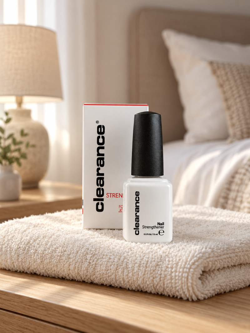 Clearance Nail Strengthener 15 ml – nagų stipriklis ir pakuotė namų aplinkoje